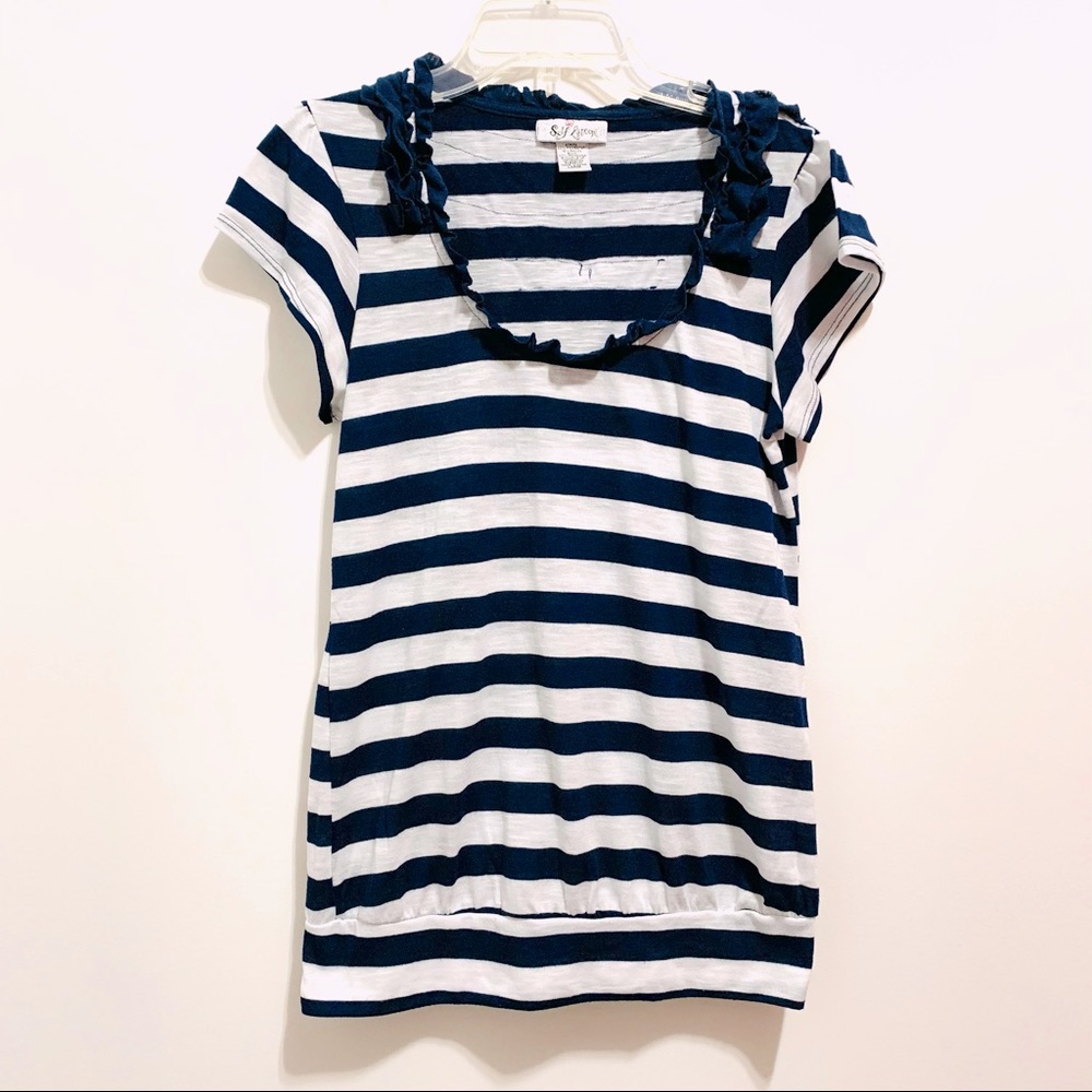 Self Esteem Girls Short Sleeves Navy Blue and White Striped Top